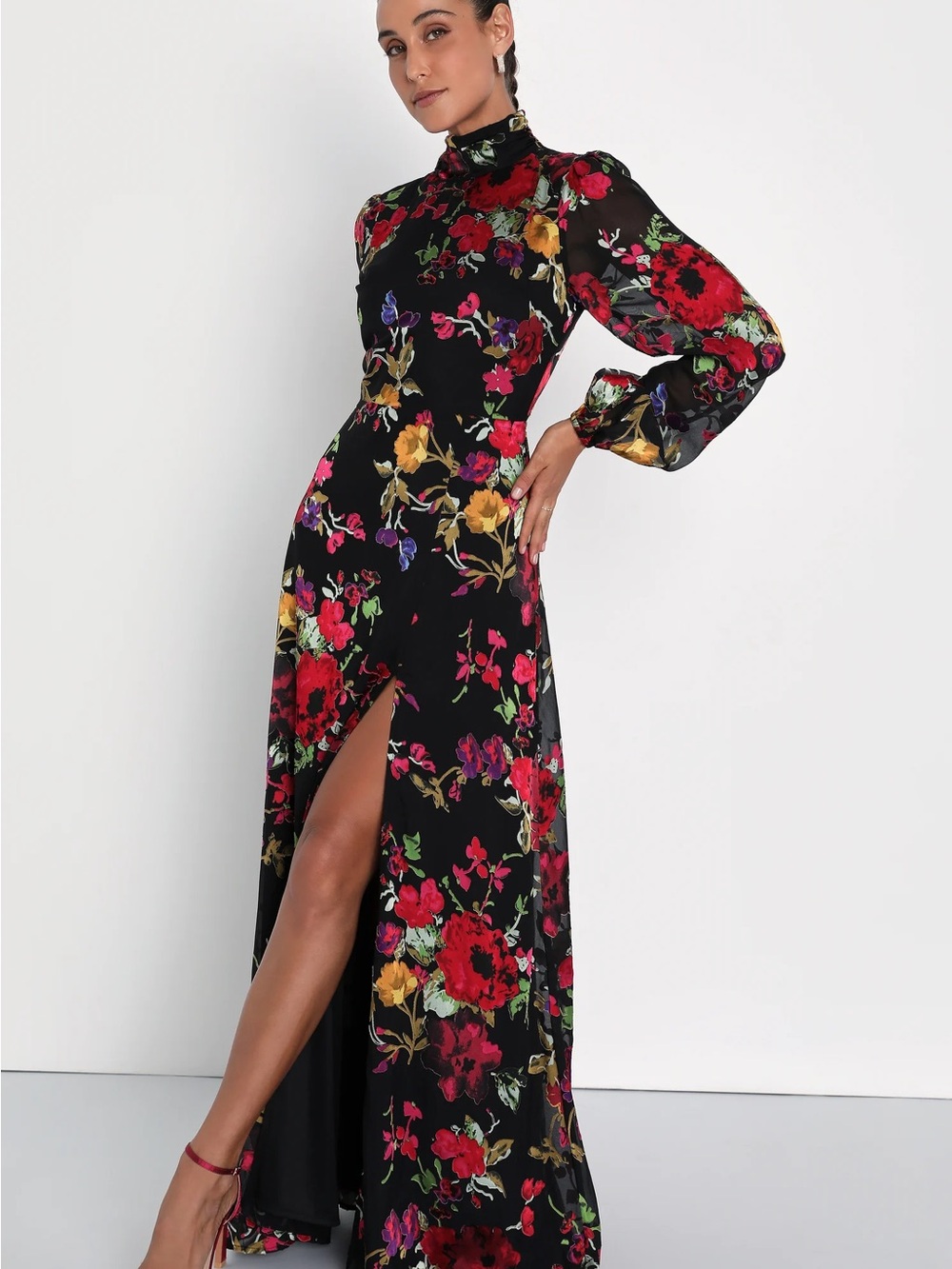 Lulu's Graceful Arrival Black Floral Burnout Backless Maxi Dress